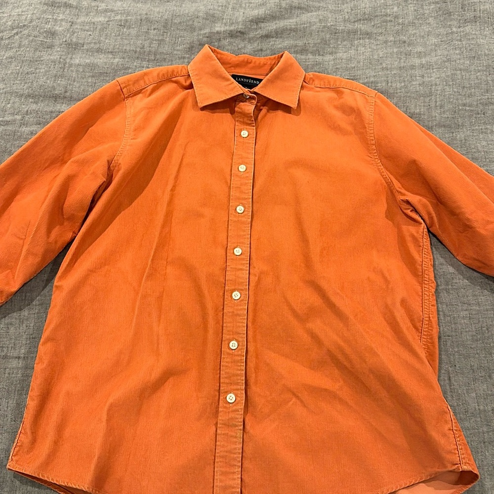 Land’s End orange corduroy button up shirt, woman’s size medium